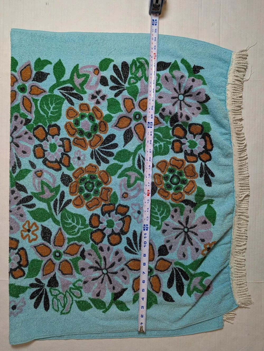 Vintage Bath Beach Towel Turquoise Flowers & Fringes
